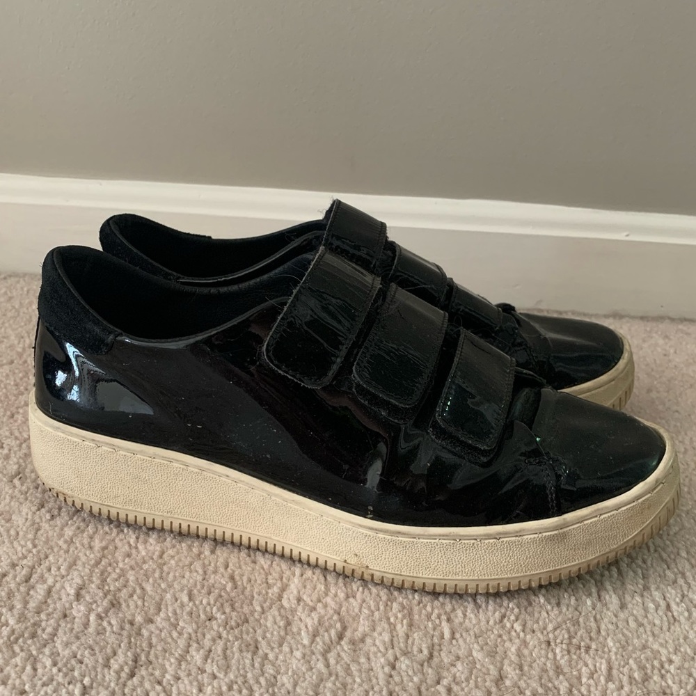 well worn WeSC x Free People glossy black velcro sneakers - size 9.5-10
